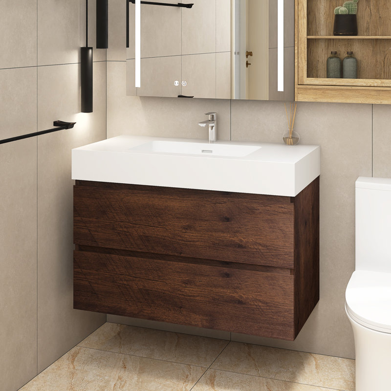 Sibin 35.8'' Single Bathroom Vanity with Solid Surface Top, White, Walnut