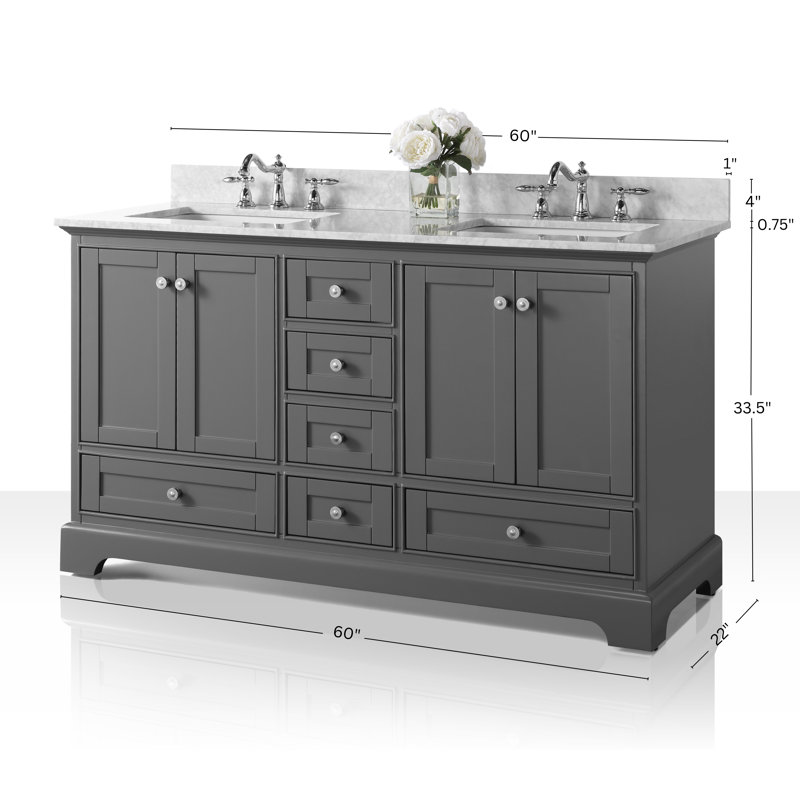 Audrey 60'' W Double Vanity, Sapphire Gray/Brushed Nickel, Carrara White Marble