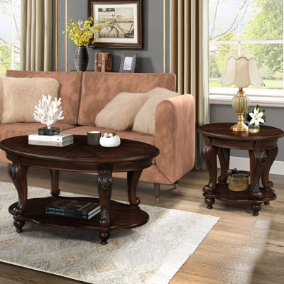 3 Coffee Table : Antique Look, Solid Wood. Effortless Installation. Heat- Veneer. Cherry Color. Suits Narrow Spaces. Safe Rounded Tabletop Corners Assembly. Compact