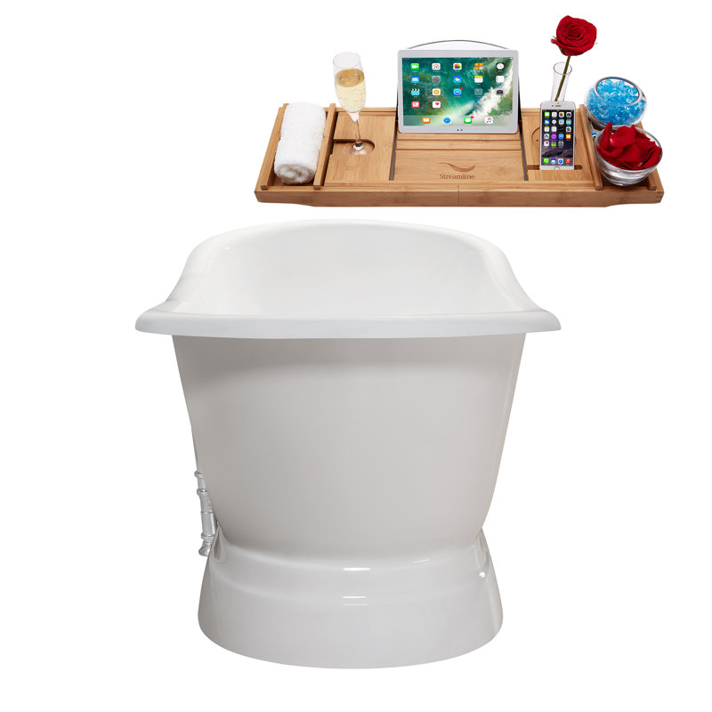 Baignoire de trempage autoportante 71 po avec plateau en bambou Streamline, Chrome poli