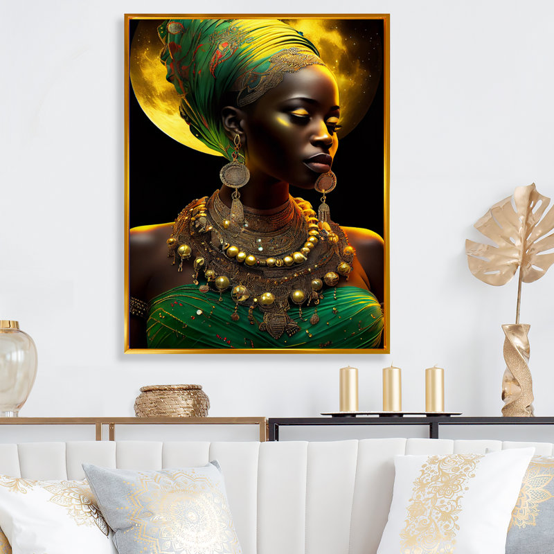 Emerald Queen, femme africaine sous la lune III - photographie sur toile, Toile avec cadre flottant or