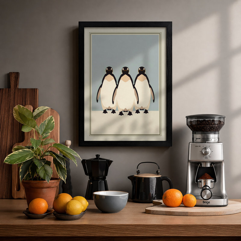 Three Penguins Minimalist - Framed Print, A3 - 42.0 x 29.7 cm, Black