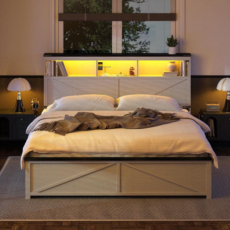 Farmhouse Bed Frame With 48" Tall Storage Headboard, Full