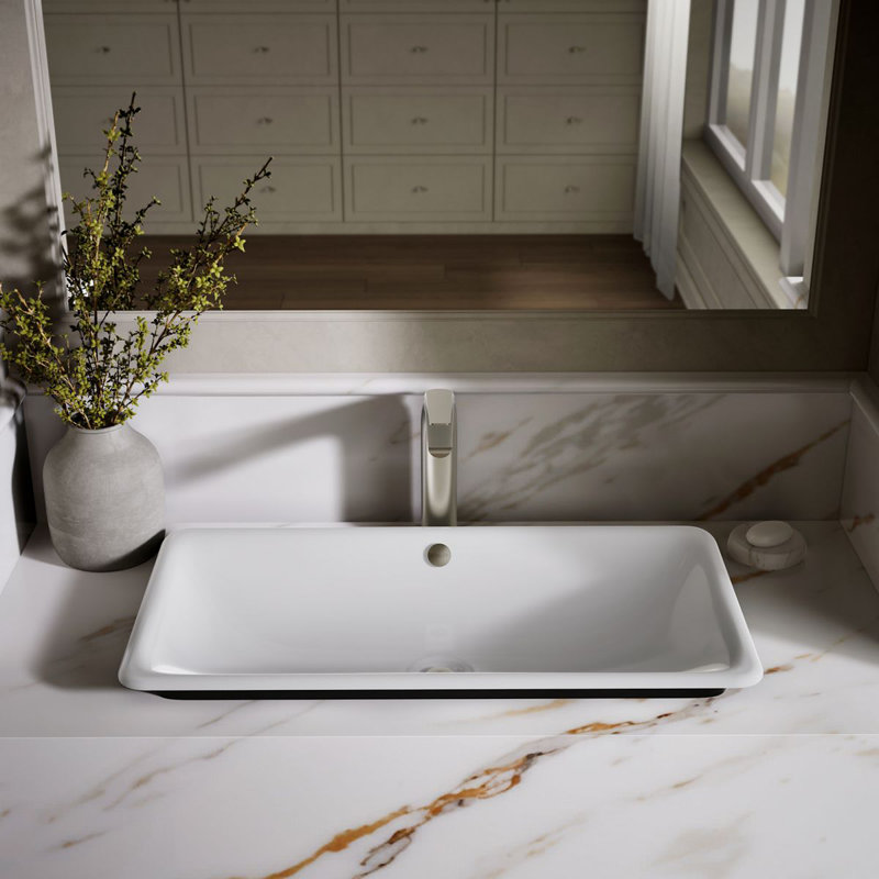 Iron Plains Metal Rectangle Dual Mount Bathroom Sink with Overflow, White/Black