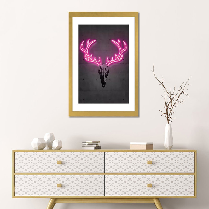 « Deer Skull » par octave Mielu-impression d’art graphique, Blanc, H 24 po x l 16 po x P 1 po, Papier encadré doré
