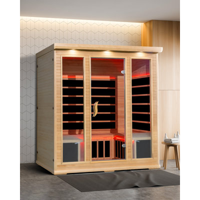 Cordon 30A 110-120V Sauna à infrarouge lointain pour 3 personnes pour la maison Spa, sauna sec en bois à faible consommation d'eau avec haut-parleurs Bluetooth, panneau de contrôle LCD, porte en verre trempé, éclairage 7 couleurs, 74,76 po x 67,68 po
