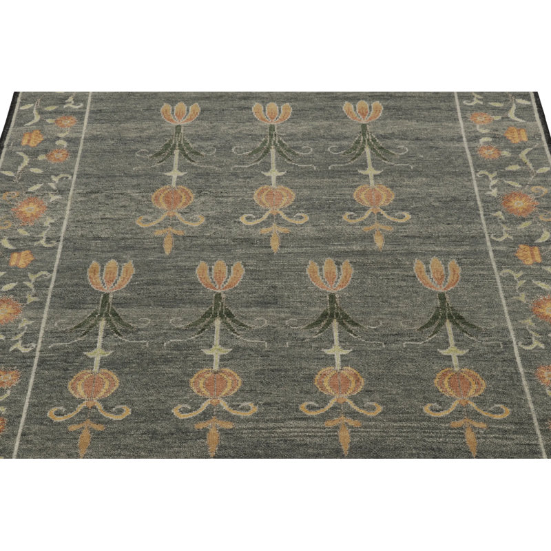Rug & Kilim’S Block Print Rug, Teal And Gray Tones With Whimsical Floral Pattern, Runner 3' x 8'