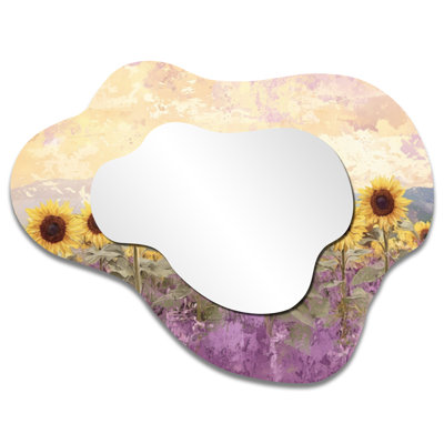Lavender Sunflower Field I - Sunflowers Irregular Asymmetrical Mirror, Traditional Wall Mirror, Printed on Metal
