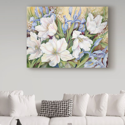 Deetra «White Tulips Blue Iris», reproduction de peinture acrylique sur toile tendue