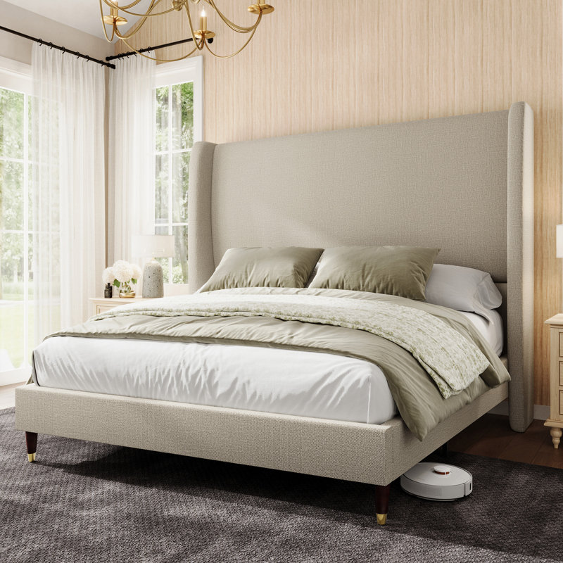 Belo King Khaki Upholstered Wingback Platform Bed, King, Khaki