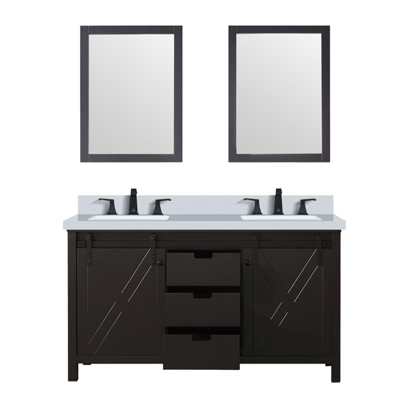 Ensemble de meuble-lavabo double 60 po x P 22 po Marsyas, robinet et miroirs 24 po, Gris cendre, Marbre de culture blanc