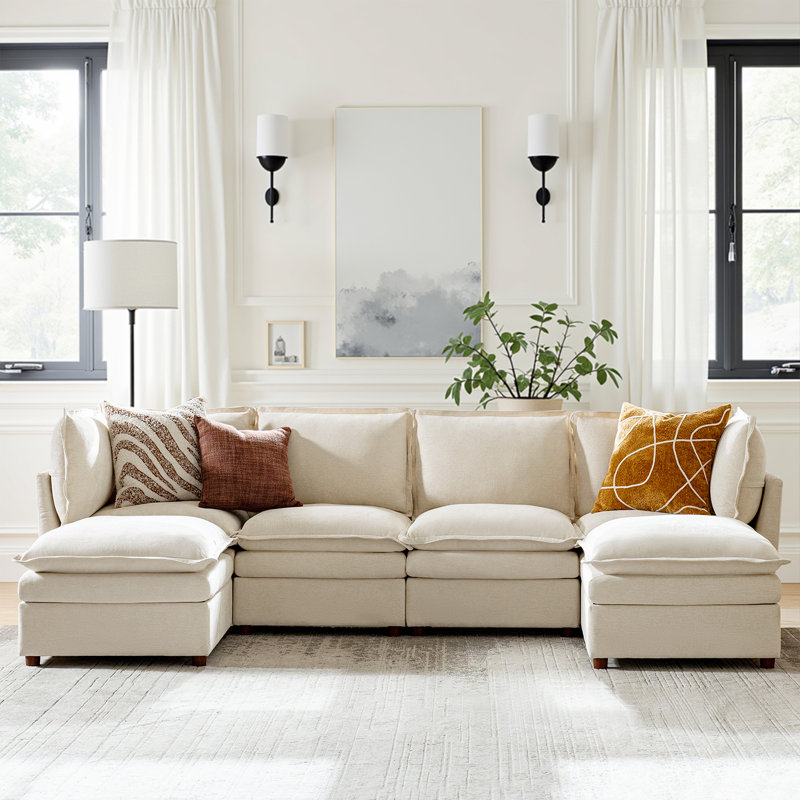 Cashin 127.5“ Modern Oversized Double-Layer Cushion Storage Sectional Sofa with Extendable Foot Pedal, Beige Polyester