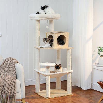 Arbre à chat en bois pour chats d'intérieur Tour à plusieurs niveaux avec poteaux à griffes recouverts de sisal, condo confortable, super grand hamac et perchoirs moelleux Fausse fourrure de lapin