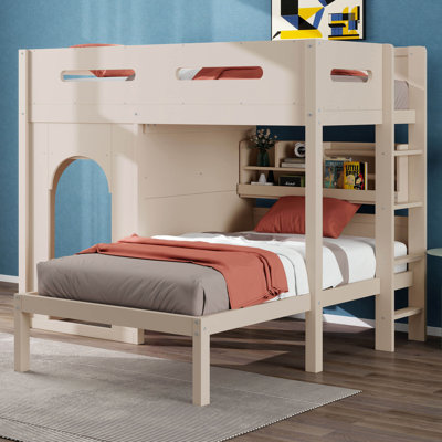 Lit superposé avec tablettes de rangement, espace de jeu, tablette de rangement latérale avec 2 installations, vers l'intérieur ou l'extérieur, porte d'arche, lit superposé en bois pour enfants