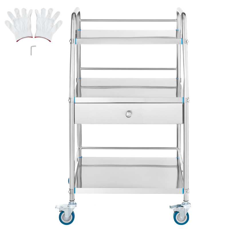 Silver Stainless Steel 3-Tier Mobile Lab Cart with Drawer