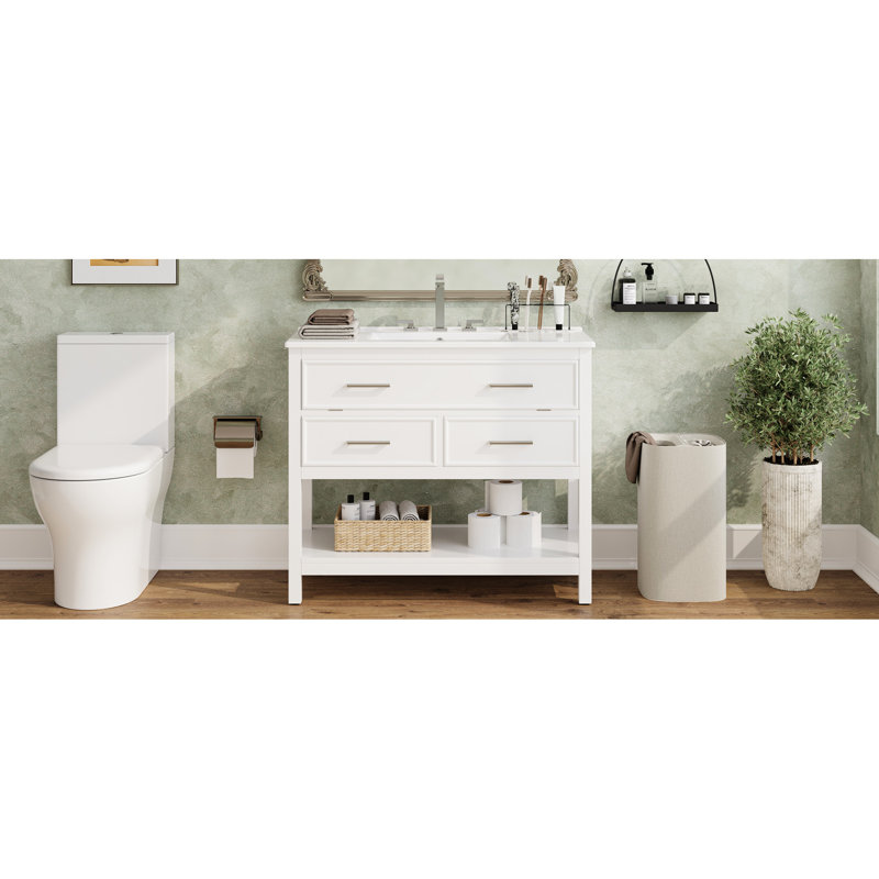 36 po, meuble-lavabo de couleur blanche, lavabo en céramique, plateau à accès rapide, tiroirs pleine extension, poignées argentées, fonction de fermeture en douceur, tablette inférieure ouverte, meuble-lavabo moderne de style Mid-Century de 36 po