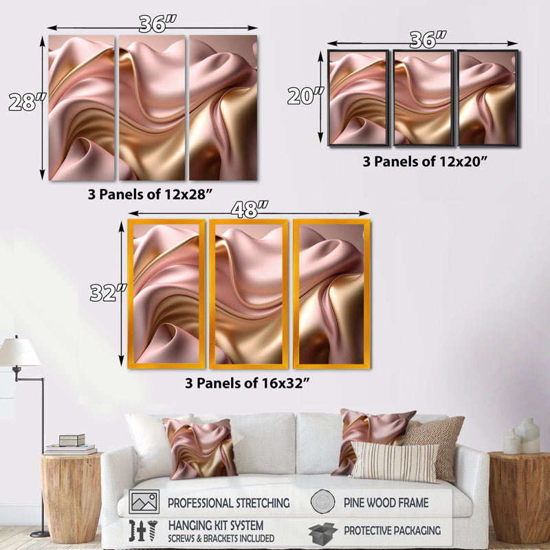Luscious liquide or en rose et taupe II - impression sur toile 3 pièces, H 28 po x l 36 po x P 1 po, Toile tendue