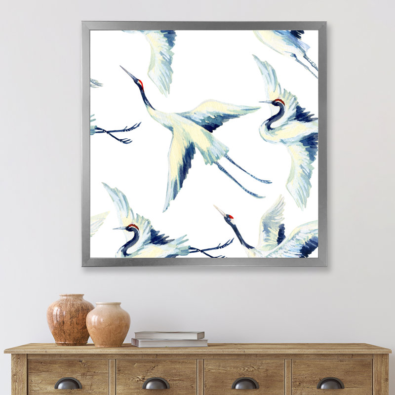 " Asian Crane Bird " Painting Print, Silver Framed Canvas, 30" H x 30" W x 1.5" D