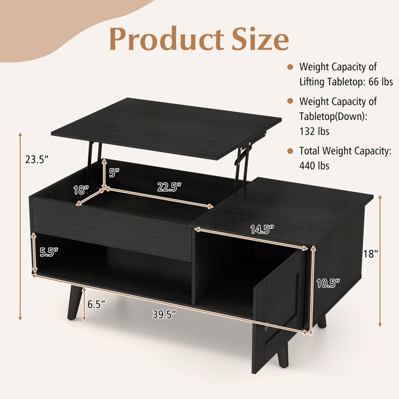 Table basse à plateau relevable avec rangement ouvert et tablette ouverte George Oliver, Noir