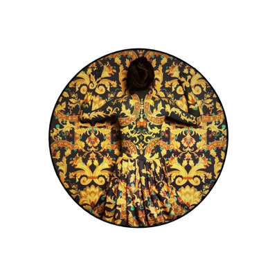 Yellow Black Themed Motif Abstract Woman Patterned Round Woven Base Vintage Decorative Carpet