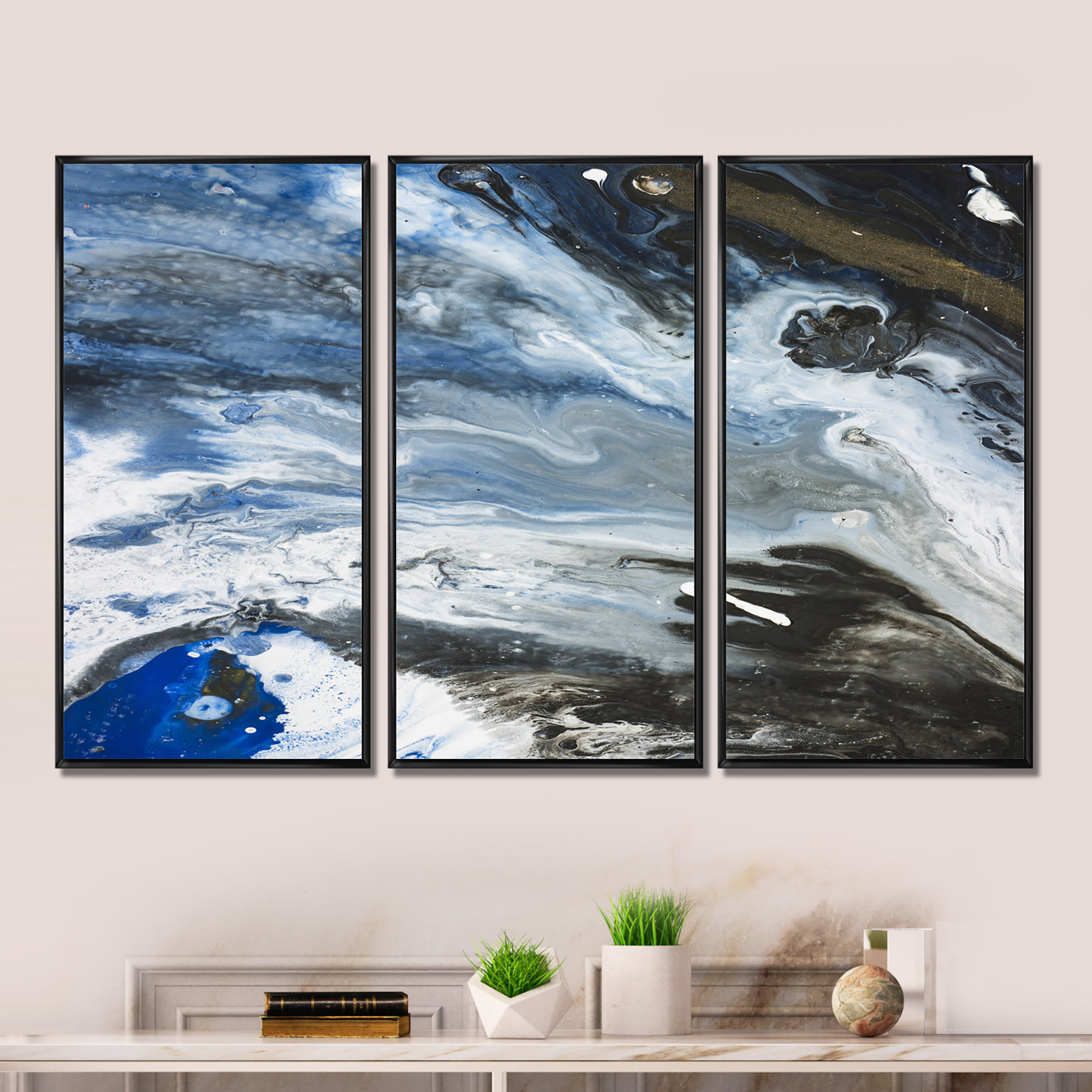 Wrought Studio Black White And Blue Liquid Marble Art Uinivers - Modern ...