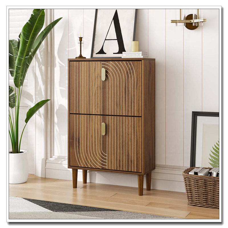 Shoe Storage Cabinet With 2 Flip Drawers,Free Standing Shoe Cabinet With Metal Handles For Entryway