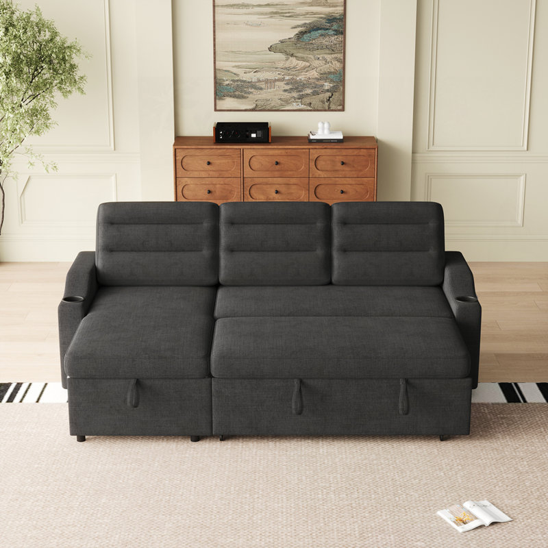 Canapé convertible polyvalent avec rangement et porte-gobelet pour le salon, Noir