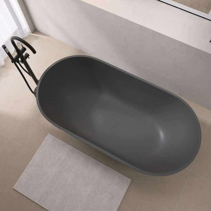 Oval Solid Surface Bathtub, Freestanding Soaking Bathtub, Dark Gray