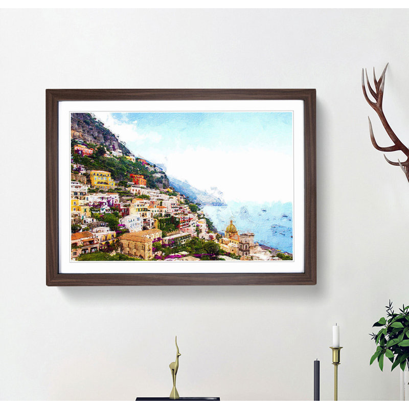 Positano on the Almalfi Coast in Italy - Picture Frame Painting Print, 36cm H x 48cm W x 2cm D, Walnut Framed