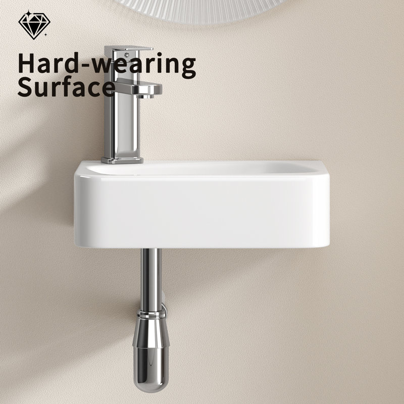 Floating Bathroom Sink Wall Mounted - Rectangle Vessel Sink 14" X 10" Small Modern Bathroom Wall Hung Sink White Porcelain Ceramic Vessel Vanity Sink With Faucet &Drain