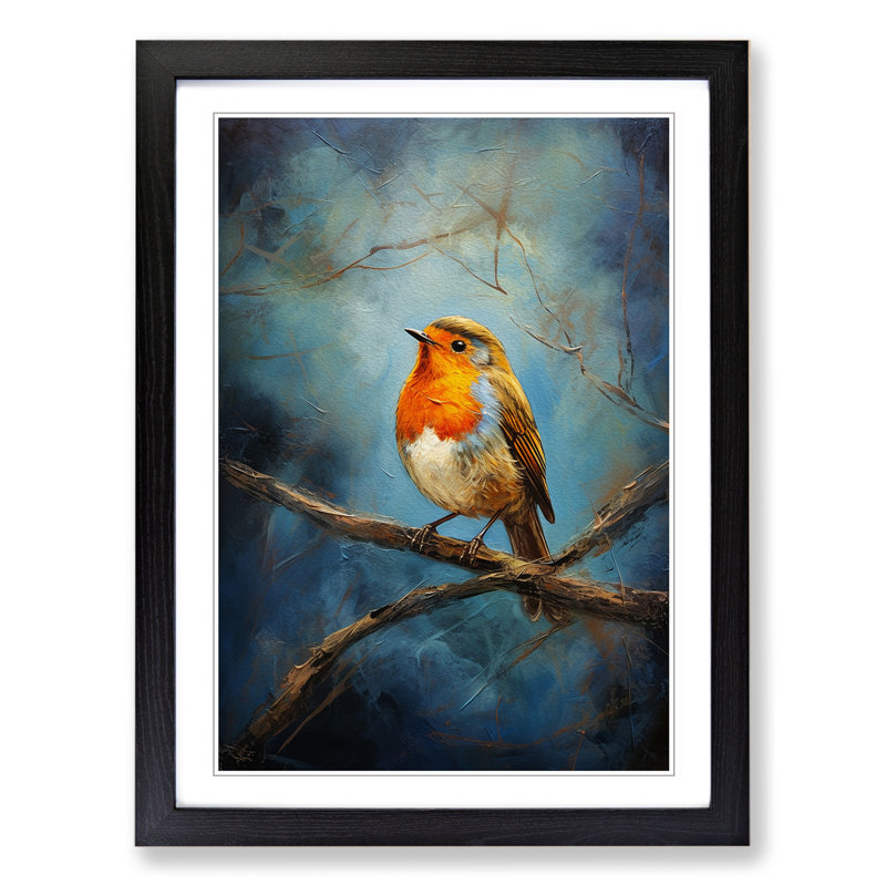 Robin Bird Expressionism No.2 - Single Picture Frame Print on Wood, 34cm H x 25cm W x 2cm D, Black