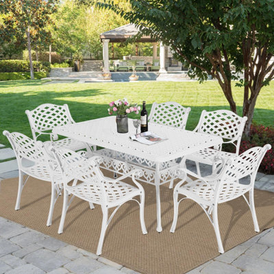 Bloomsbury Market 7 Piece Outdoor Patio Dining Set For 6 Seater Dining Table Set, All-Weather Cast Aluminum Patio Conversation Set For Garden With 6 Chairs, 1 Rectangular Table, 2" Umbrella Hole, White