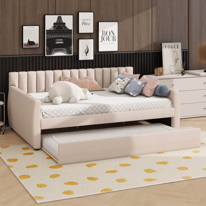 Lit de jour rembourré avec lit gigogne sous le lit, Lit double, Beige