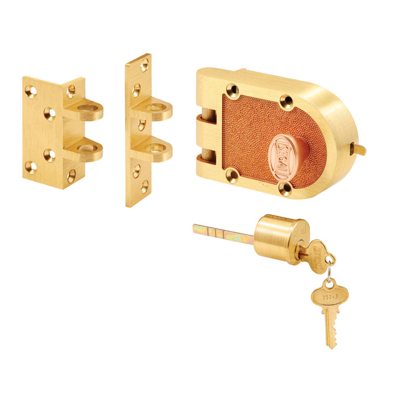 Blocage en bronze Prime-Line avec cylindre simple et gâche angulaire (paquet simple), Or, H 7 po x l 7,5 po x P 2,75 po