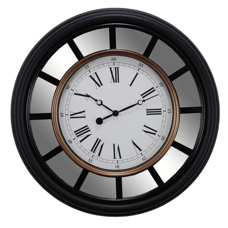 Oversized Black and Copper Wall Clock with Mirror Accent