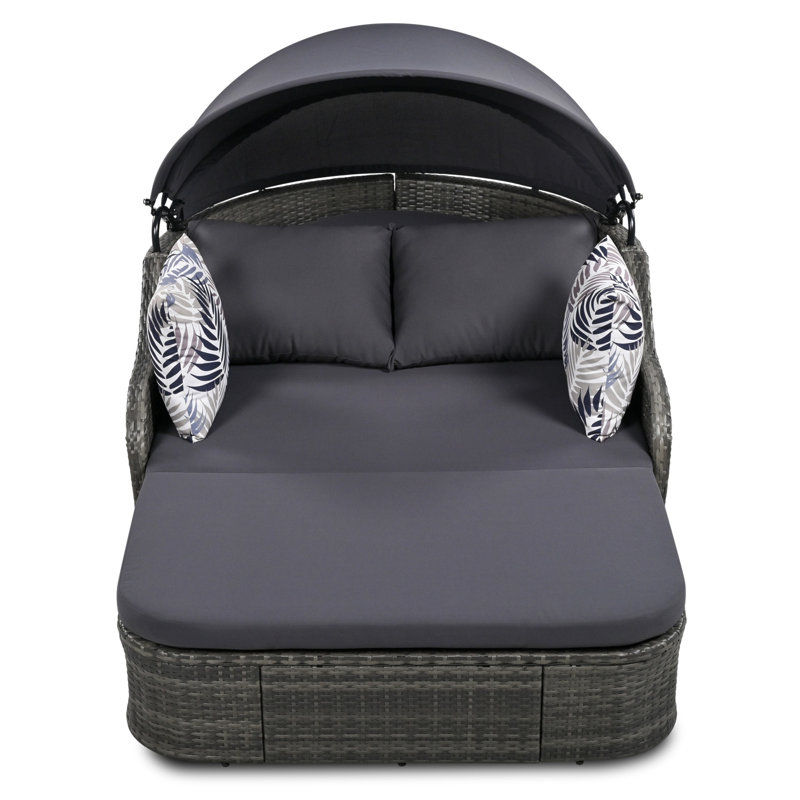 Lit de bronzage d'extérieur 79,9 po avec auvent réglable, lit double, lit de repos en rotin PE, osier noir et coussin