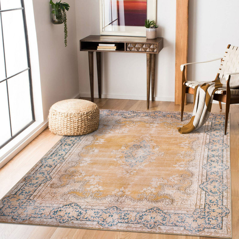 Vintage Distressed Blue and Orange 4' x 6' Machine Washable Rug