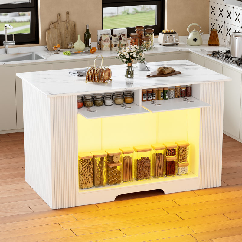 Kitchen Island With Storage Drawers, 55-inch Kitchen Shelves With Imitation Marble Worktop, Adjustable Led Light On One Side