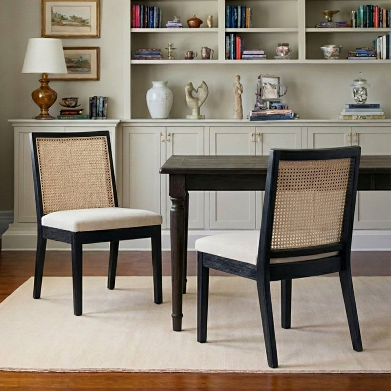 Arnkell Side Chair Dining Chairs Modern Solid Wood Dining Chair with Rattan Backrest, Black, Linen Beige