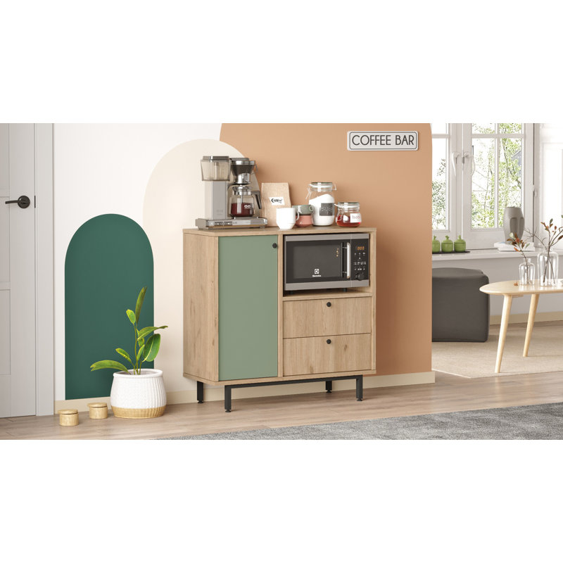 Colesen Modern Multi-Purpose Cabinet, Oak & Green, 34.6 x 33.5 x 14.0 inches | 100% Melamine Coated Particle Board, Thickness: 0.7 inches | Metal Legs, Wall-Mountable, Numerous Shelves | Scandinavian Design for Stylish Storage