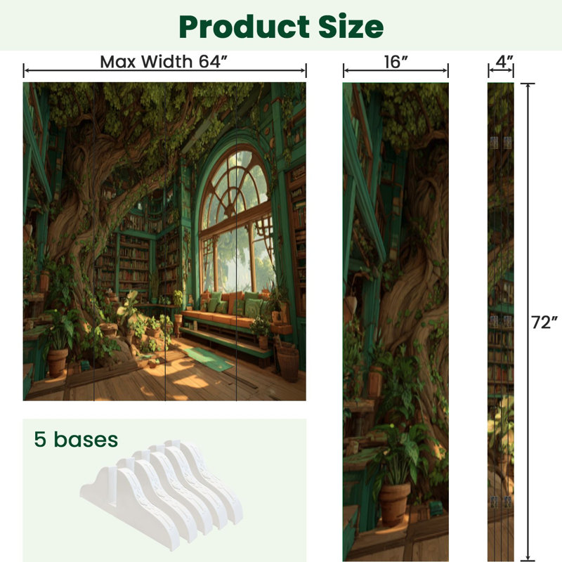 Cloison pliante 4 panneaux paravent Royal Forest Treehouse Bibliothèque, 71" H x 64" W x 1" D, 4