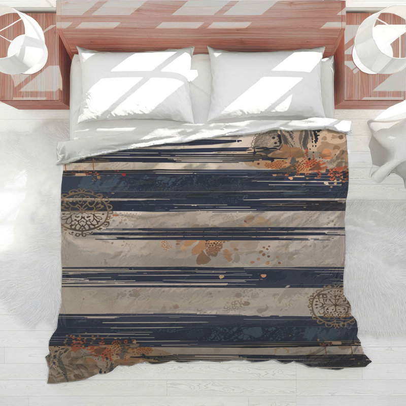 Navy Beige Striped Patterns Comforter, Queen