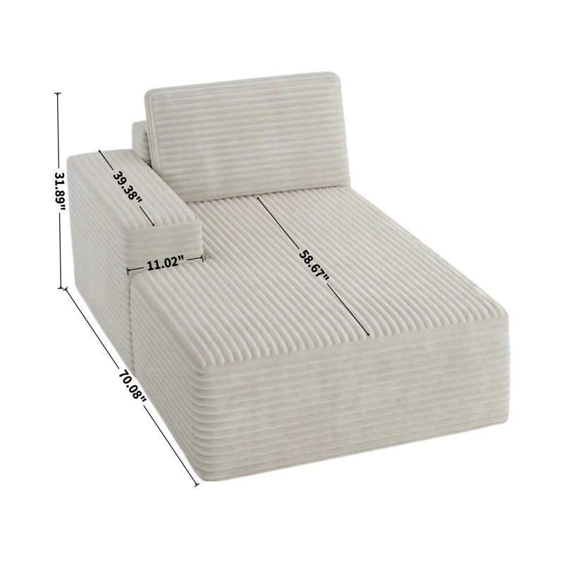 Chaise longue 71 po en velours côtelé à accoudoirs simples pour salon, Blanc