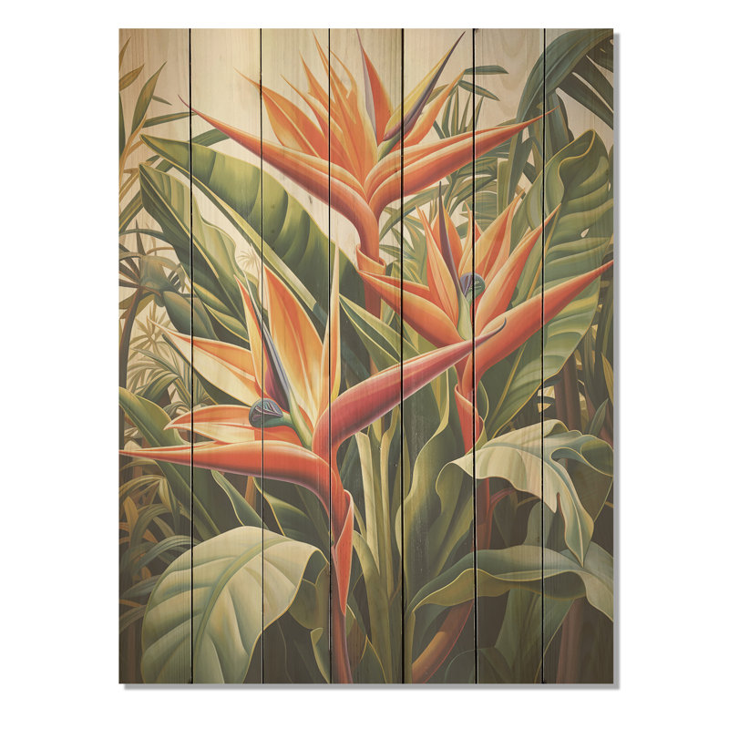 Oiseaux du paradis, fleurs tropicales I - Oiseaux du paradis sur bois, H 20 po x l 10 po