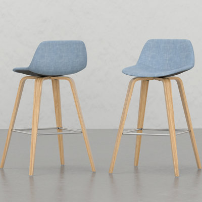 Of 2 Stools By - Retro Look, Denim Blue Seat Cover, Legs With Footrest Counter/Bar Stool Pair Upholstered And Back, Legs, Footrest, Modern Look