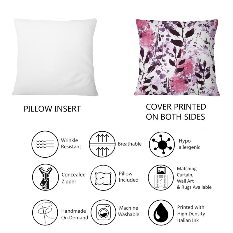 Coussin décoratif imprimé à motif de feuilles roses et noires sur fond blanc