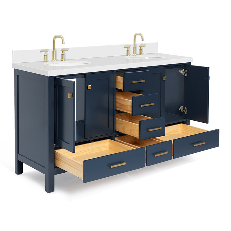 Cambridge Vanity In White With Quartz Vanity Top In White With Basin, Midnight Blue / Satin Brass