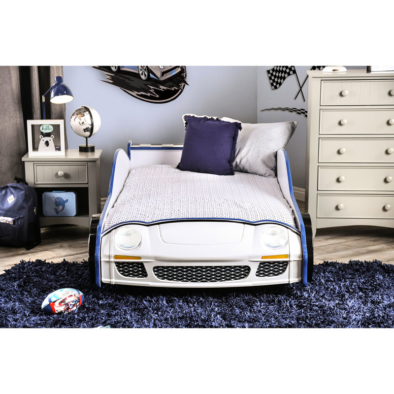 Lit simple moderne avec thème voiture, surface ultrabrillante, supports en métal, ensemble de lattes, bleu et blanc pour la conception de la chambre à coucher, décoration