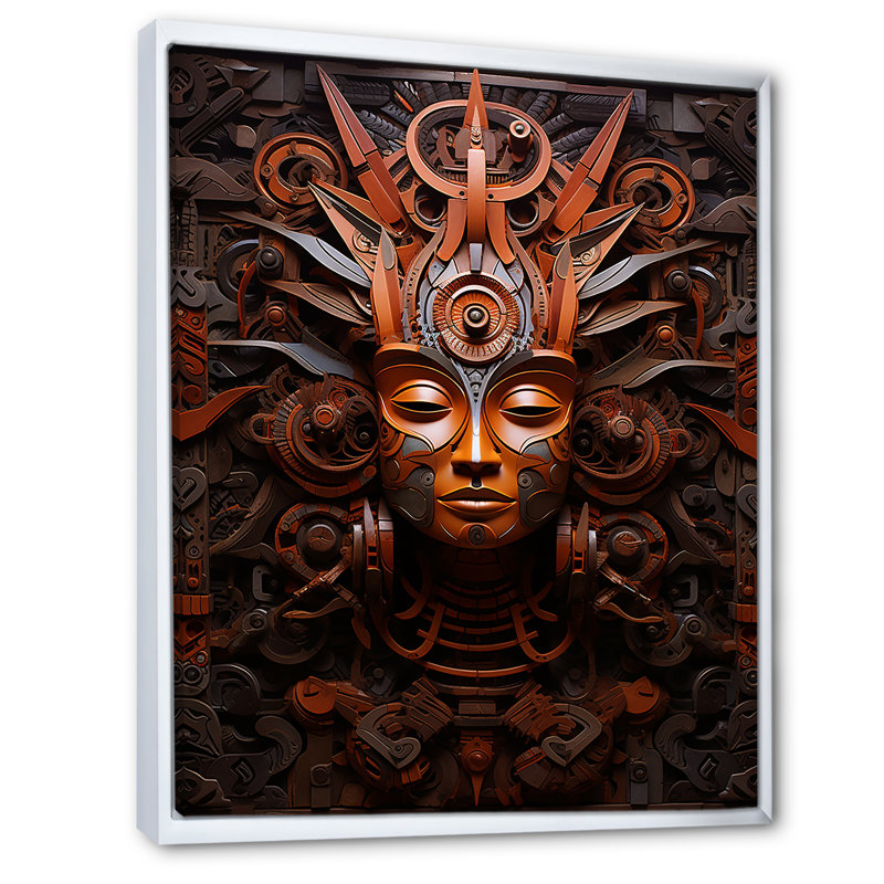 Ancien masque aztèque II - art mural africain sur toile, H 40 po x l 30 po x P 1,5 po, Cadre flottant blanc