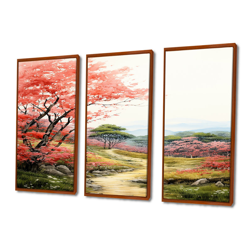 «Blossoming Red Autumn Tree Countryside Road», ensemble de reproductions d'art mural, Cadre flottant brun